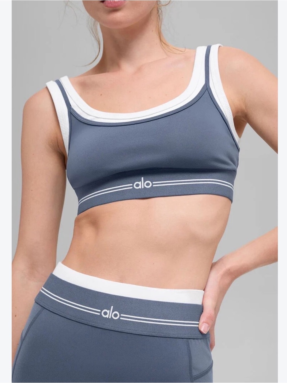 ALO Yoga Slate Blue Sports Bra with White Trim
